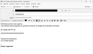 immagine di un programma di posta elettronica con all'interno il testo in spagnolo da spedire a ONCE